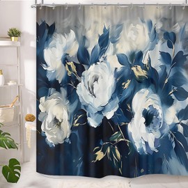 GOAOK Blue Floral Shower Curtain for Bathroom, Abstract Navy Blue Rustic Farmhouse Flowers Shower Curtain Decorative, Modern Minimalist Gray Dark Blue Floal Bathroom Art Decor with Hooks 72"X72"