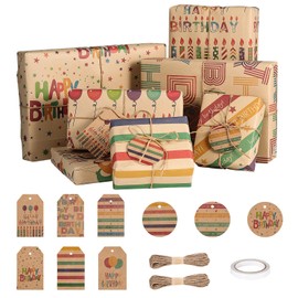 HonGien Geschenkpapier Geburtstag 18 Stück Geburtstagspapier Set Geschenkpapier mit Grußkarten Kraftpapier für Geschenke Kindergeburtstag Babyparty Weihnachten (50 X 70 cm) Gift Wrapping Paper