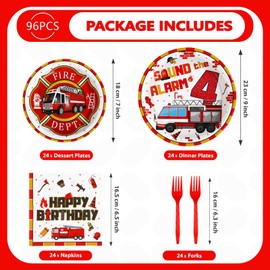 Grencian 96Pcs 4th Fire Truck Birthday Party Supplies Sound Alarm 4th Birthday Plates and Napkins Tableware Set Red White Disposable Decoration for 4 Years Old Fire Theme Fireman Firetruck Serve 24