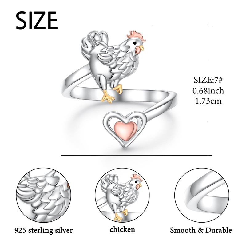 Alphm 925 Sterling Silver Hen Chicken Ring for Women Adjustable