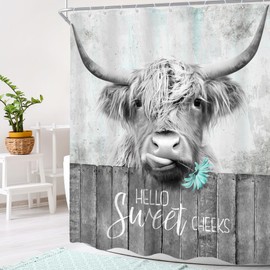 Cinbloo Funny Gray Highland Cow Shower Curtain 60Wx72H Vintage Farmhouse Western Longhorn Bull Animal Rustic Country Bathroom Curtain Set Wooden Daisy Bath Curtain Fabric Bathroom Decor with 12 Hooks