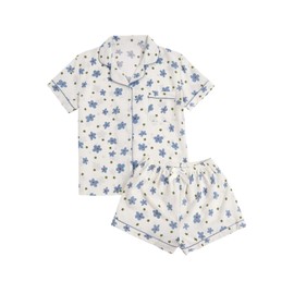 Verdusa Women's 2 Piece Pajama Set Matching Pjs Sets Cute Printed Sleepwear Button Up Shirt with Lounge Shorts Set Blue and White Medium