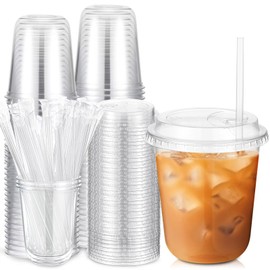Ziliny 50 Sets Crystal Plastic Cups with Lids and Straws, Disposable Iced Coffee Cups Bulk PET for Wine, Cocktail, Smoothie, Milkshake, Cold Drinks, Juice, Wedding, Birthday, Coffee Shop, Party(14oz)