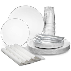" OCCASIONS " 320pcs set (40 Guests)-Wedding Party Disposable Plastic Plate Set -40 x 10.25'' + 40 x 7.5'' + Silverware + Cups + Napkins (Bali in White & Silver)