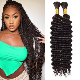 Huarisi Deep Wave Bulk Human Hair for Braiding, No Weft, 18 Inches, 10A Unprocessed Human Hair, 50 g, 1 Bundle, Bulk Braiding Hair for Boho Braids (Natural Colour, 2 Bundles, 18 Inch a Pack)