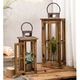 TIMRIS Large Farmhouse Wooden Metal Lantern Set of 2, Rustic Decorative Floor Candle Lanterns, Vintage Distressed Hanging Lanterns for Home Décor (No Glass)