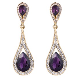 EVER FAITH Purple Rhinestone Teardrop Clip On Earrings, Wedding Bridal Crystal Drop Dangle Earrings for Non Pierced Ears
