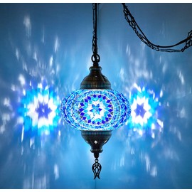 DEMMEX Plug-in Turkish Moroccan Mosaic Hanging Pendant Ceiling Light – Swag Lamp Fixture with 15ft Cord & Chain, Handcrafted Glass, Tiffany Style, Mediterranean Decor (Blue)
