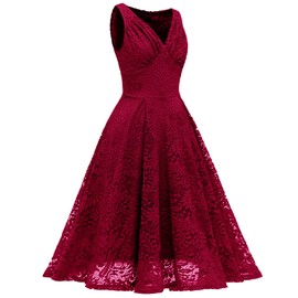 Women Vintage Floral Lace Cocktail Formal Swing Dress Sleeveless V Neck Bridesmaid Wedding Prom Dress Retro 50s Empire Waist Fit Flare A Line Summer Casual Evening Midi Dress Wine Red-V Neck Medium