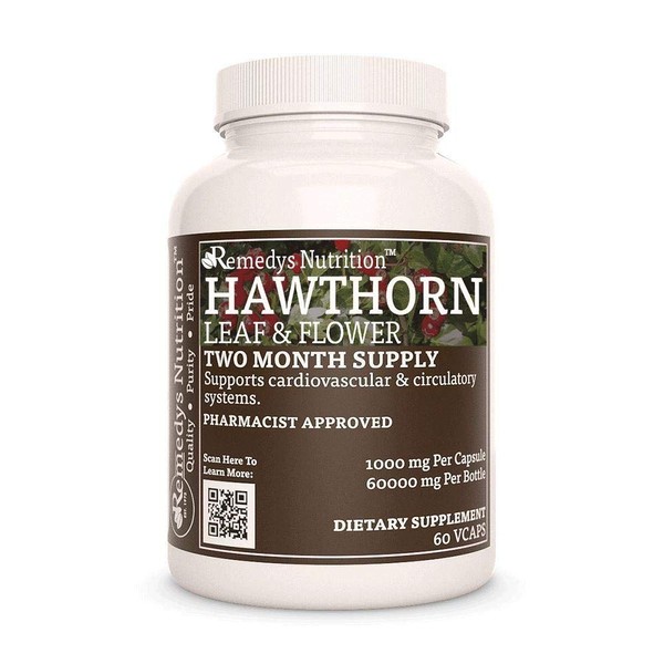 Remedy's nutrition Hawthorn Leaf & Flower Extract Powder 1,000mg Vegan Capsules Herbal Supplement - Non-GMO, Gluten Free, Dairy Free - Two Month Supply (60 Count)