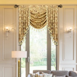 Loom and Mill Luxury Waterfall Valances for Windows, Elegant Jacquard Thick Swag Waterfall Curtains Valance with Tassels for Living Room, Bedroom Party Banquet Decorations (Yellow, W39 Inch, 1 Panel)