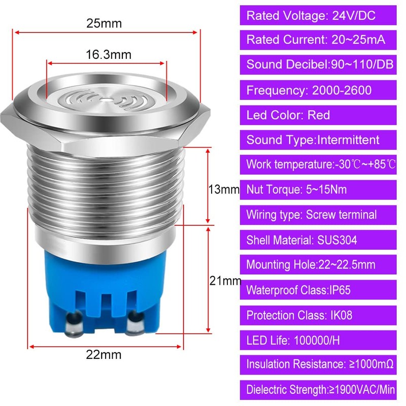 Gebildet 2pcs DC 24V 22mm Waterproof IP65 Stainless Steel Red