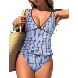 ZAFUL - Traje de baño tankini para mujer, cuello en V, control de barriga, bloque de color, dos piezas, 1-Blue Plaid, Large