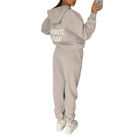 JDBXKWOA Letter Hoodie and Sweatpants for Women Hip Hop Long Sleeve Hoodies Pant Joggers Set Casual Fleece Hooded Tracksuit, Small, Rice Gray