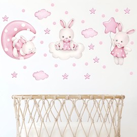 Large Size Pink Cute Bunny Wall Decals for Girls Room DIY Peel and Stick Wall Stickers Pink Rabbit Moon Stars Nursery Wall Decor Girls Bedroom Decor 2 Sheets 30 * 90cm
