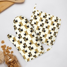 Yorkshire Terrier Cute Yorkie Dog Pet Oven Mitts and Pot Holders Set Heat Resistant Non-Slip Silicone Oven Mittens with Oven Gloves and Hot Pad Potholders for BBQ Kitchen Baking Cooking Quilted Liner