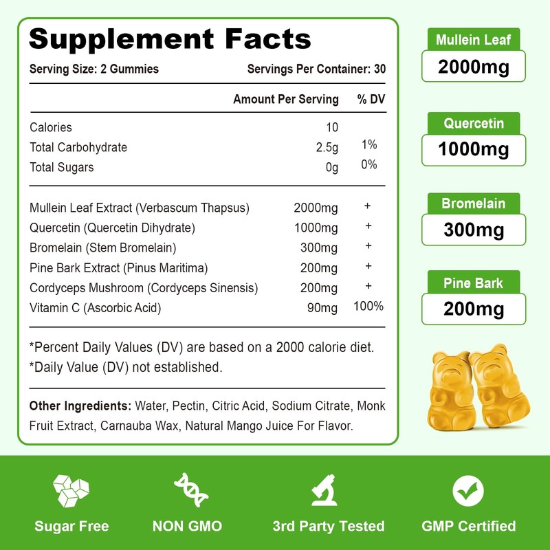Vazatisi Mullein Gummies, Mullein Leaf Extract with Bromelain, Quercetin, Pine