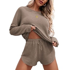 Ekouaer Womens Waffle Knit Pajama Sets Long Sleeve Top and Shorts Matching Lounge Set Sleepwear Loungewear Sweatsuit with Pockets Camel Large
