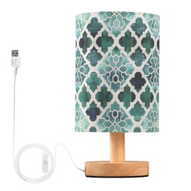 Fustylead Teal Green Moroccan Tile Table Lamp for Bedroom USB Port Lamps Small Accent Table Lamp Nightstand Lamp Sturdy Linen Shade Wooden Base Decorative Lamps for Bedside Reading|Kids|Dorm|Home