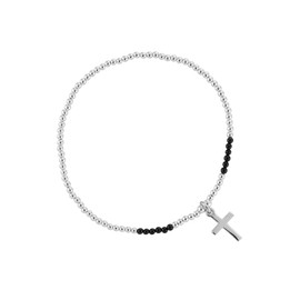 Silverly Women's 925 Sterling Silver 2 mm Small Black Ball Cross Beaded Elastic Stretch Bracelet