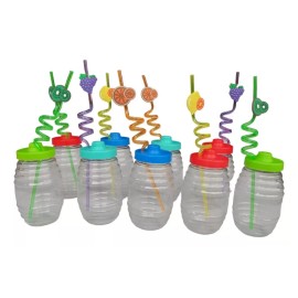 Mini Vitrolero De Plastico De 500ml Con Popote Espiral 12pzs