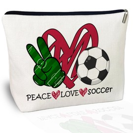 CLHHM Soccer Gifts Makeup Bag, Peace & Love Design Cosmetic Pouch for Women, Soccer Lovers, Mom, Grandma, Sister, Inspirational Birthday Gifts for Her, Coworker, BFF (Sports Theme)
