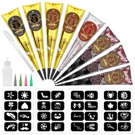8PCS Tattoo Cones Temporary Tattoo Kit, 4 Colors (3 Brown,2 Maroon,2 Black,1Red), Draft Practice Pen with 32 Stencil Designs DIY Body Painting Art for Beginners & Pros, Tattoo Gifts Set for Party