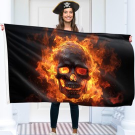 Pirate Flag 90 x 150 cm with Eyelets - Large Pirate Flag Children - Vibrant Digital Print - Pirate Flag in Flames - Jolly Roger Flag - Double Stitching