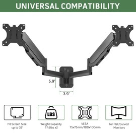 UPGRAVITY Dual Monitor Wall Mount, Double Monitor Wall Stand for Two 17-32 inch Flat Computer Screens, Height Adjustable Gas Spring Mounted Bracket Arms Hold up to 17.6lbs, VESA 75/100
