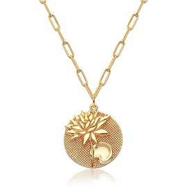 NSLS Fashion Gold Flower Necklaces for Women,18K Gold Plated Disc Choker Carved 3D Dainty Lotus Pendant Necklace,Birthday Gift for Mom Wife Friend,Women Party Dress Accessories(G July - Lotus)