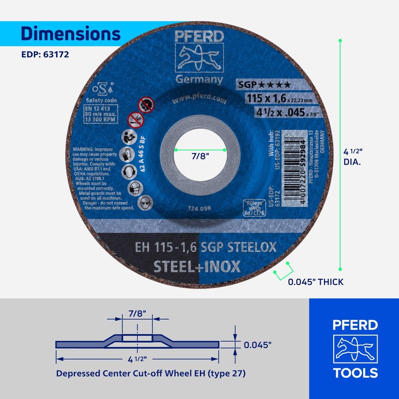 PFERD 4-1/2'' X .045'' Cut-Off Wheel 7/8'' AH A (63172)