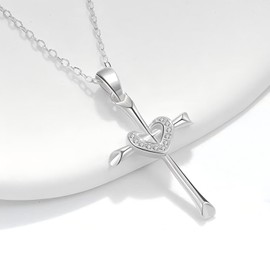 LEJOJOIN Heart Cross Necklace for Women Pendant Gift for Mom Wife Girlfriend (Sliver)