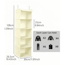 YIAGUN Hanging Storage with 5 Shelves Wardrobe Closet Organiser, Storage Shelves Unit with 6 Pockets for Clothes (30 x 30 x 108cm) (Beige)