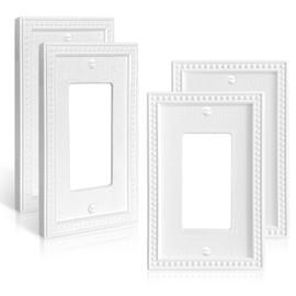 Classic Beaded Relief Design Style 4-Pack Single Decorator Pure White Modern Decorative Wall Plate, Electric Light Switch Cover for Receptacle GFCI Outlet Dimmer Switch, 1-Gang Mid-Size 3.2''*4.9''