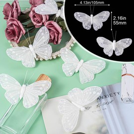 HINZIC 10 Pack 3D Feather Butterfly for Decorations, Glittering Pearl Butterfly Stickers for DIY Hand Craft Wall Decor Home Party Wedding Ceremony -White