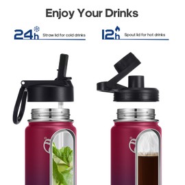 25oz Insulated Water Bottles with 2 Leak Proof Lids(Spout Lid and Straw Lid), Wide Mouth Sport Water Bottle with Straw, Stainless Steel Powder-Coated Water Flask, Double Walled Vacuum Thermos