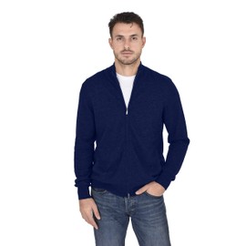 Cashmeren Men's Mock Neck Zip Up Cardigan 100% Merino Wool Classic Knit Long Sleeve Zipped Down Sweater (Navy, Small)