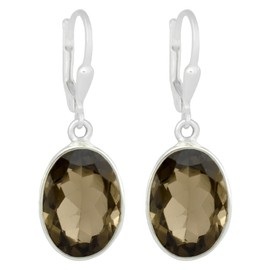 I-be, Smoky Quartz Gemstone Earrings Faceted Oval 925 Silver Total Length 3.3 cm in Gift Box 395022 g KB, Sterling Silver