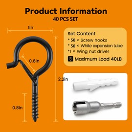 50 PCS Q-Hanger Hooks with Safety Buckle, Windproof Screw Wall Ceiling Hooks for Outdoor String Lights Hanging Christmas Lights, Plants, with 1 Wing Nut Driver (Black, 50 Pack)