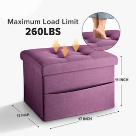 LINMAGCO Storage Ottoman Folding Foot Stool Foot Rest with Side Pocket Modern Ottoman with Storage Short Sofa Stool Linen Cloth 17x13x13(Purple)