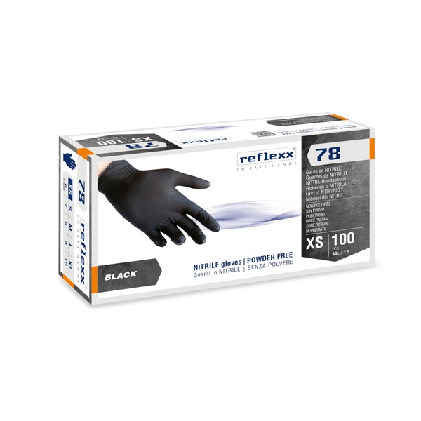 Reflexx R78, Schwarze puderfreie Nitrilhandschuhe Gr. 4, 100 Stück, Schwarz
