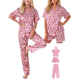 HINFEL 4PCS Satin Pjs for Women Set, Cute Silk Monkey Button Down Pajamas Set Y2k Bridal Loungewear Preppy Clothes Valentine's Day Birthday Gift(Pink, X-Small)