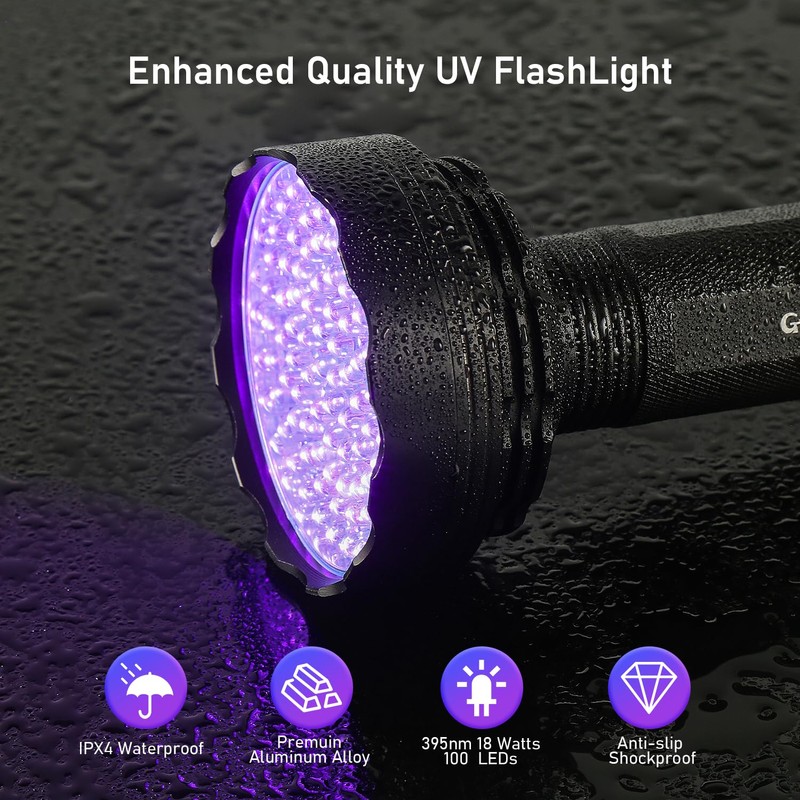 GLOSSDAY UV Flashlight Black Light, 100 LED Black Light Flashlight