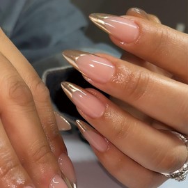 VOTACOS French Tip Press on Nails Long Almond Fake Nails Gold Glossy Acrylic Nails Full Cover Artificial Nails Stick on Nails for Women
