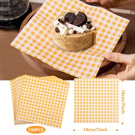 KIKISML 100 PCS Checkered Waxed Deli Paper Sheets 7 * 7 Inch, Food-grade Greaseproof Paper Food Basket Liners for Sandwiches, Burgers, Fries Wrapping for Party, Festival and Outdoors - Orange