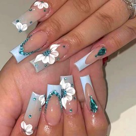 Long Press on Nails Square Fake Nails - White Flowers Glue on Nails Light Blue French Glue on Nails Translucent Nails Press ons Rhinestones & Summer Stick on Nails for Women 24 Pcs