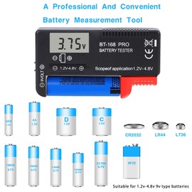 Battery Tester Checker Digital LCD Universal Battery Tester Monitor for AA AAA 9V 1.5V 1.2~4.8V Batteries,Household Battery Life Level Testers Power Meter (168PRO*2)