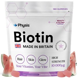 Physis British Biotin Gummies | 10,000mcg High Strength | Hair Skin Nails Vitamins | Natural Growth Supplement | Radiance Health | 180 x Gummies Mouth-Watering Watermelon | Biotin Supplement