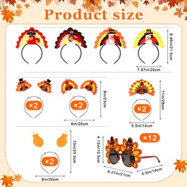 XunYee 24 Pcs Thanksgiving Turkey Cosplay Set Including 12 Turkey Headbands,12 Turkey Plastic Sunglasses Turkey Headbopper Eyeglasses for Holiday Turkey Costumes Decoration Prop Accessories