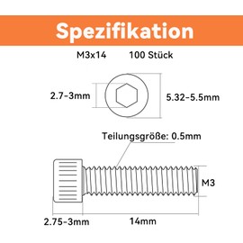 Dayalo Pack of 100 M3 x 14 Cylinder Head Screws with Hexagon Socket Flat Head Screws Stainless Steel A2 V2A Fully Threaded Allen Screws with Key
